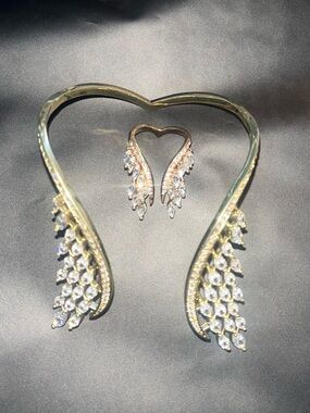 Gold Tone Crystal Wing Cuff Bracelet and Cuff Ring Set - Gold & Clear